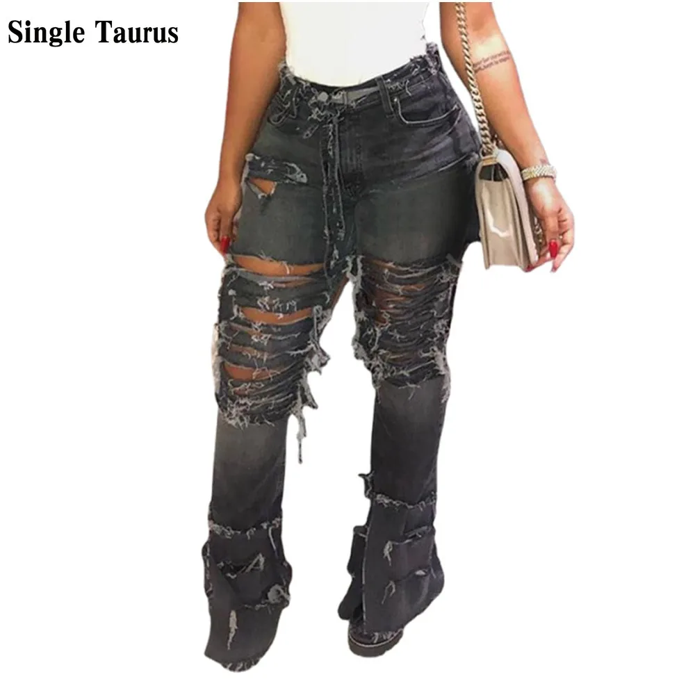 

Модная уличная одежда в стиле ретро с высокой талией для женщин 2021 летние облегающие эластичные рваные мотоциклетные черные байкерские джи...