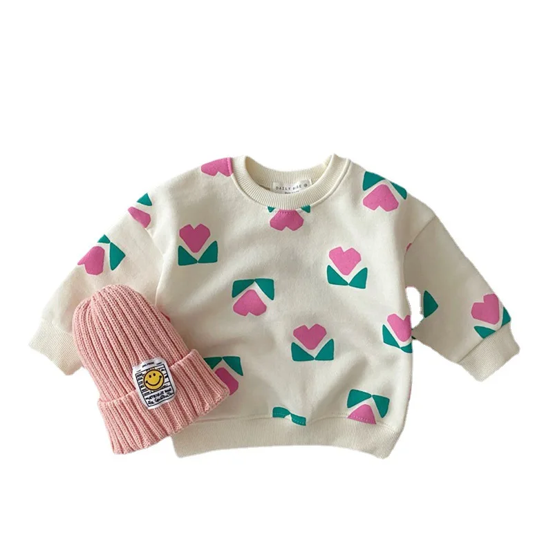 

Korean 2021 Children's Wear Girls' New Autumn Contrast Color Flower Sweatshirt Boys Pullover Top Tide