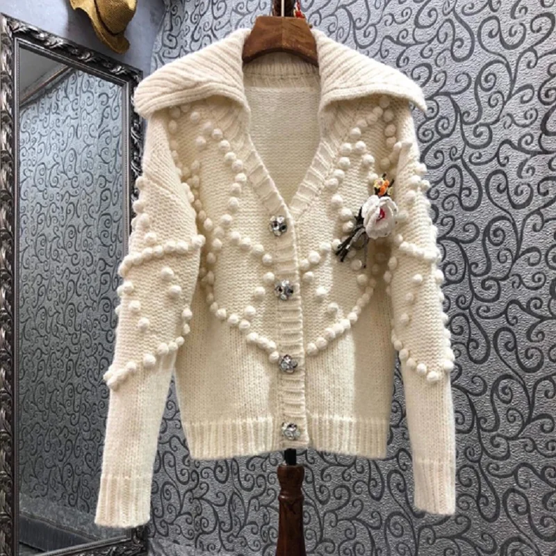

2022 Spring Autumn Fashion Cardigan Jackets High Quality Wool Knitted Appliques Flower Deco Long Sleeve Casual Tops Coat Outwear