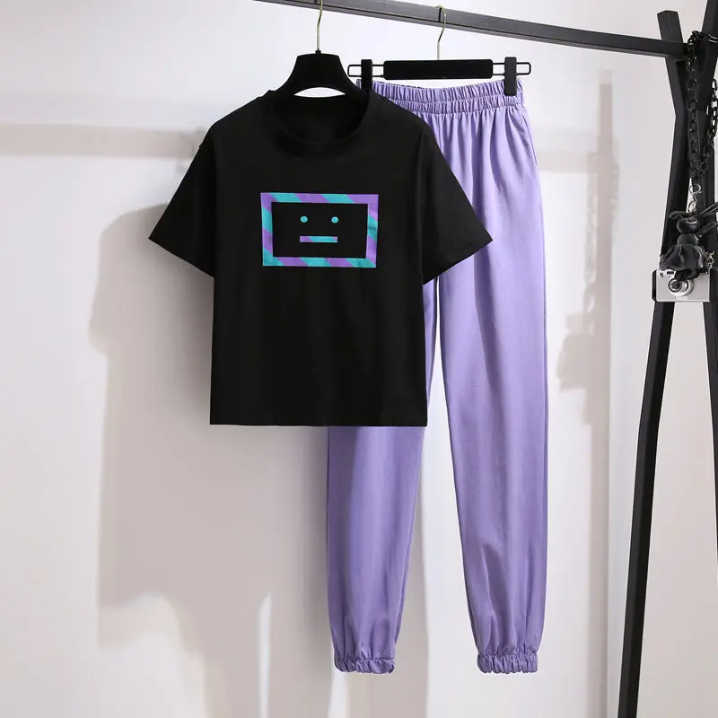 

New Women'S Tracksuit Fashion T-Shirt Casual Pants Sportswear Woman Temperament Purple Sports Pants Suit Two Piece Set Women