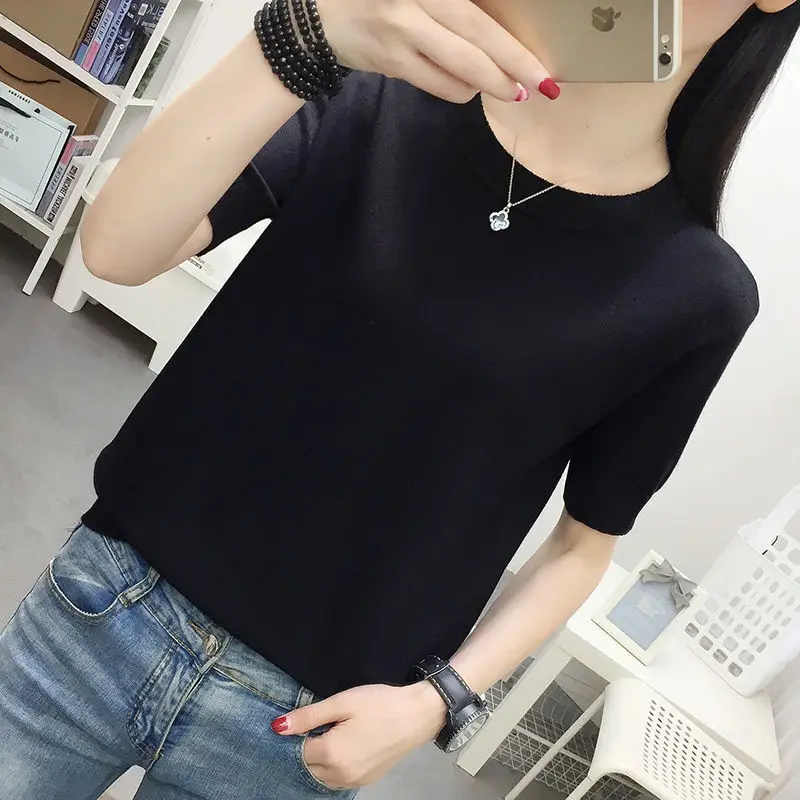 

Short sleeve women's 2021 spring and autumn new ice silk medium sleeve T-shirt with green T-shirt loose and thin base coat