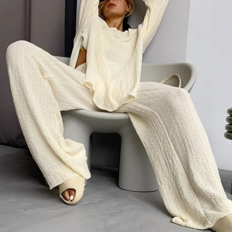 

Soft Women Two Piece Set Fashion Oversized Side Split Tops High Waist Wide Leg Pants Suits Spring Autumn Casual Loose Tracksuit