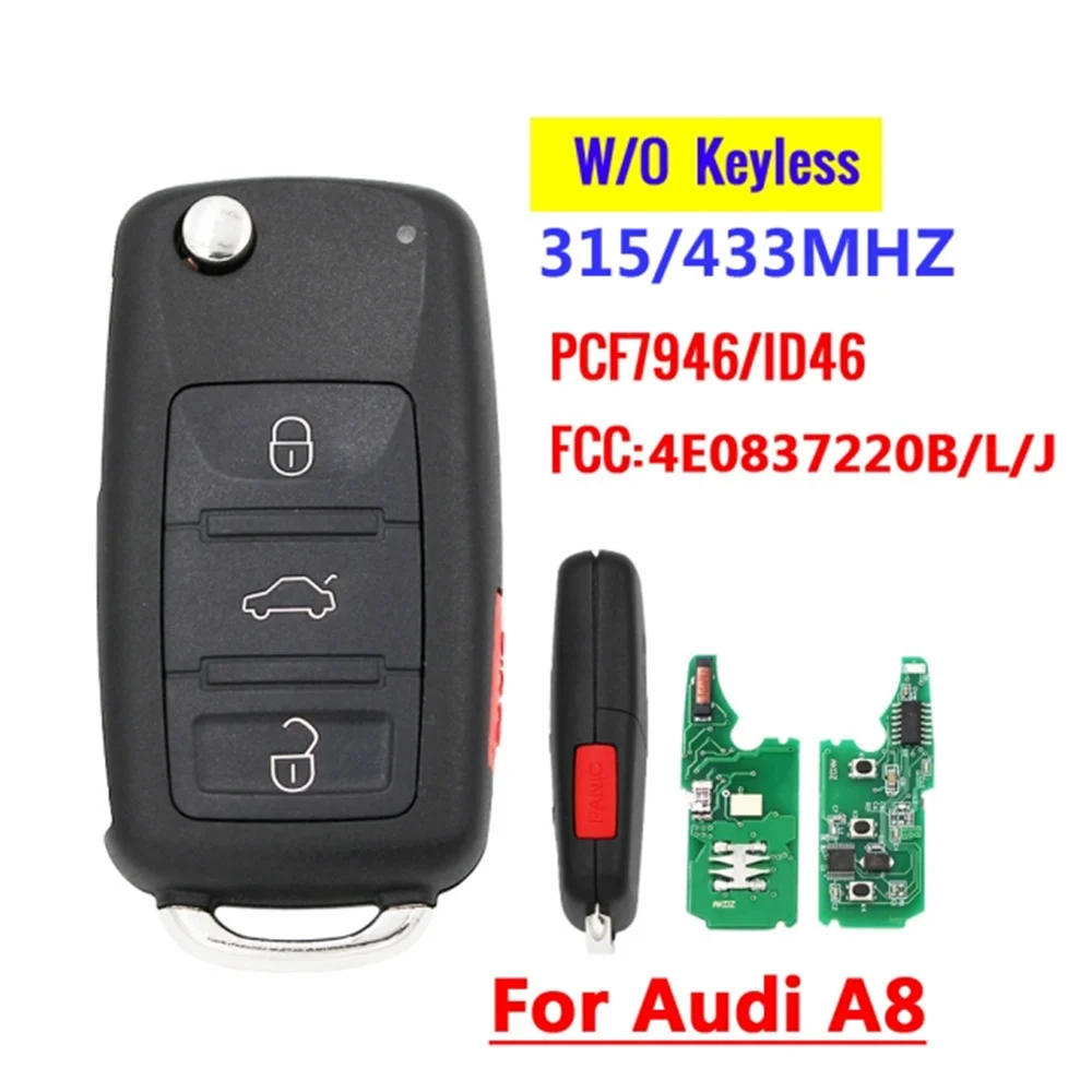 

XNRKEY For Audi A8 3+1B Button Flip Key PCF7946 315/433Mhz Half Smart