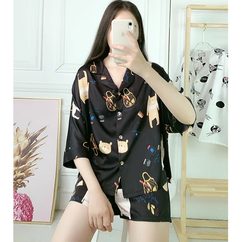 Пижама женская атласная шифоновая с коротким рукавом комплект для сна из 2