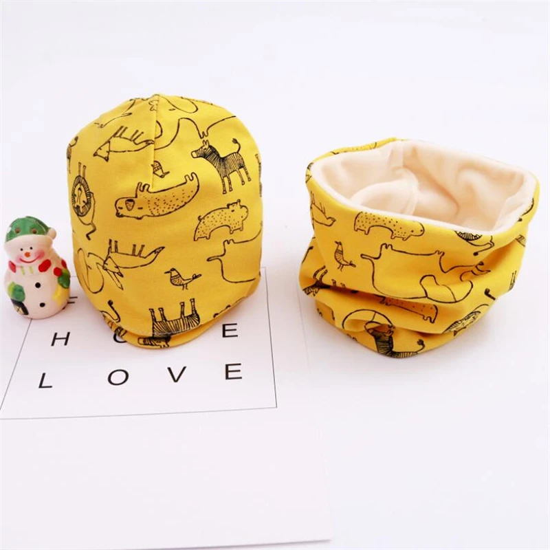 

New 2pc Cotton Velvet Baby Hat +Scarf 2020 Autumn Winter Thicken Cotton Print Beanies Baby Skullcap For 0-8 Years Kid