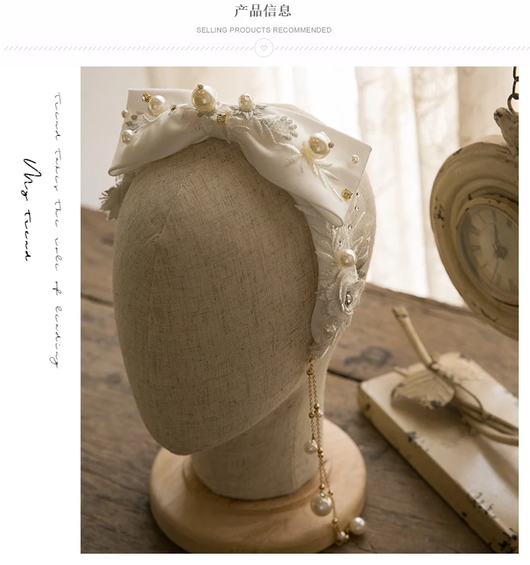 

French Pearl Bow Hairbands Wide Satin Ribbon Lace Flower Headband Vintage Wedding Bride White Pearl Headdress Hair Accessories