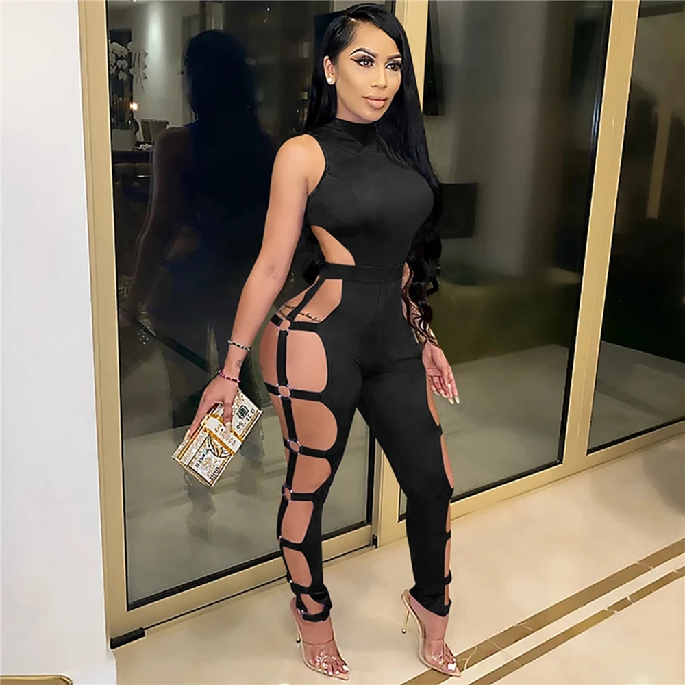 

Sexy Womens Jumpsuits Women Hollow Out Holes Solid Color One-piece High Turtleneck Sleeveless Clubwear High Waist Rompers