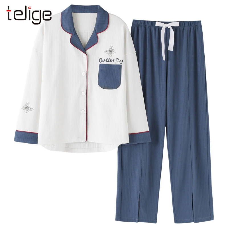 Пижама для женщин хлопковая Осенняя зимняя пижама с длинными рукавами женский