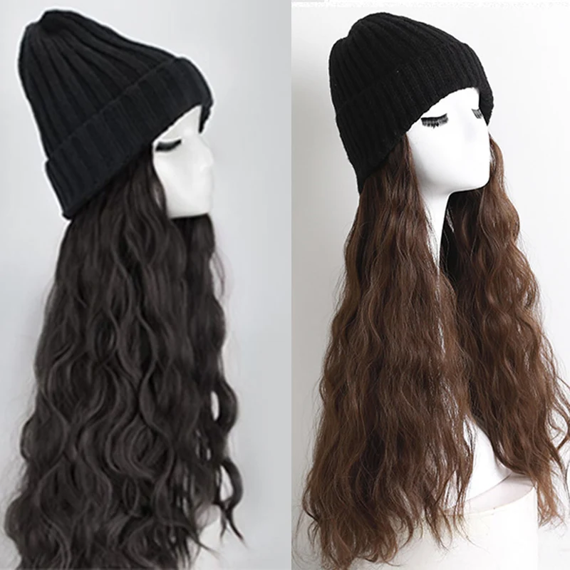 DIANQI 24 Inch Long Wavy Knitted Hat Wig Black Brown Wig And Hat Natural Connection Synthetic Female Wig