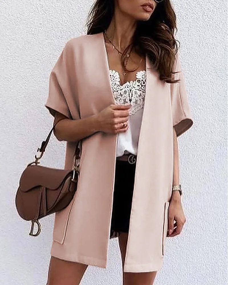 

2021 New Pink Short Sleeve Casual Cardigan Coat Women