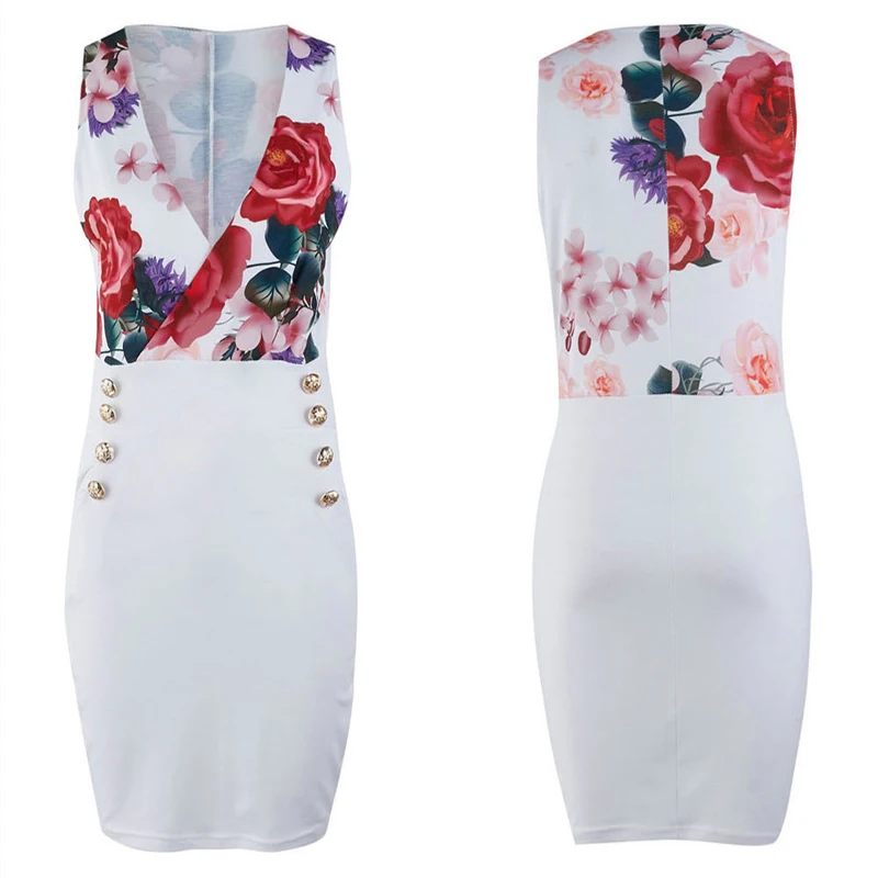Лето 2019 Новое модное сексуальное платье-карандаш с v-образным вырезом и принтом
