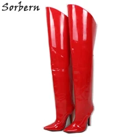 sorbern 12cm over the knee boots stiletto hard shaft women custom color gold piping mid thigh boot patent white fetish high heel