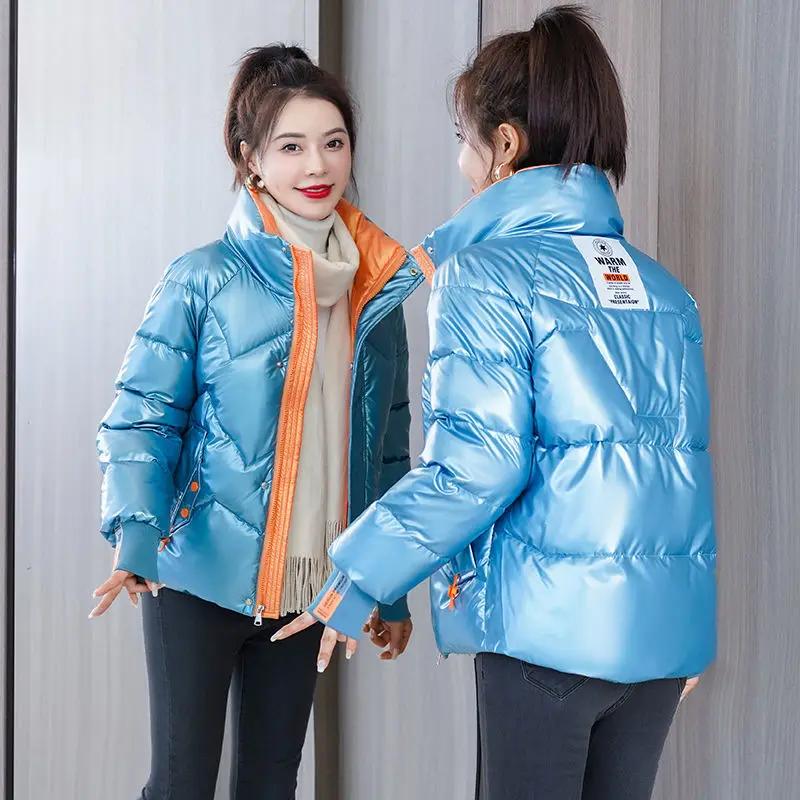 

Blue Winter Coat Women Cotton Padded Female Parkas Crop Jacket Glossy Stand Collar Pocket Office Lady 3XL Streetwear Lady Coats