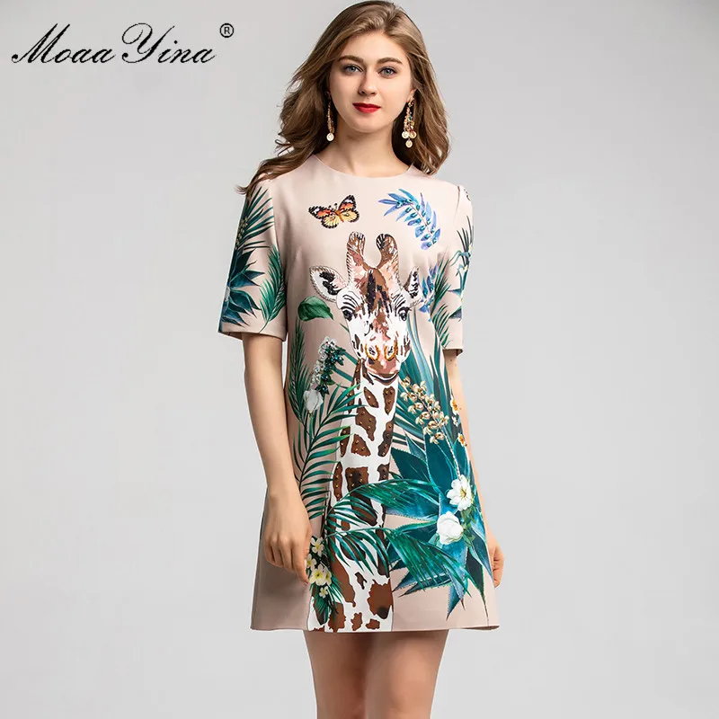 MoaaYina модное дизайнерское платье летнее женское короткий рукав бисер кристалл