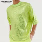 Футболка INCERUN мужская с круглым вырезом, Повседневная Свободная блестящая рубашка с рукавом до локтя, модная брендовая уличная одежда, 2022