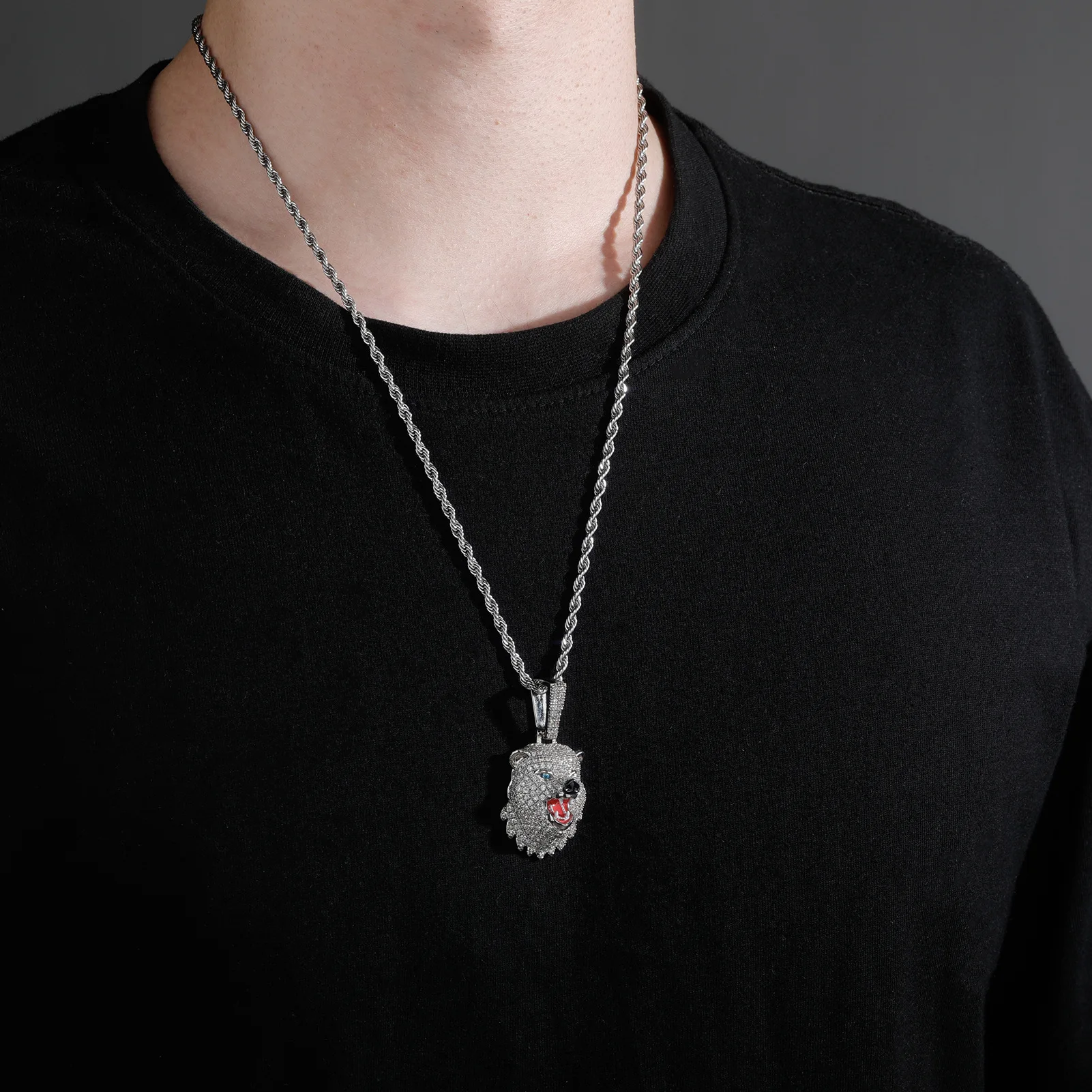 

Fashion Hip Hop Cartoon Bear Head Pendant Necklace Micro-inlaid Zircon Unisex Animal Accessories Personalized Jewelry Gifts