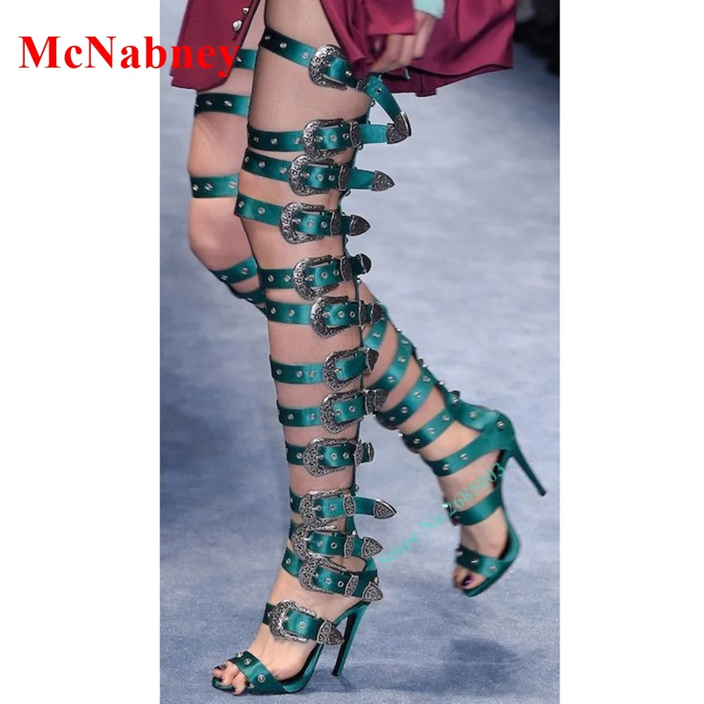 

Retro Buckles Hollow Sexy Sandal Boots Over The Knee Stiletto Heel Open Toe Solid Fashion Sandals Women Shoe Summer Party Show