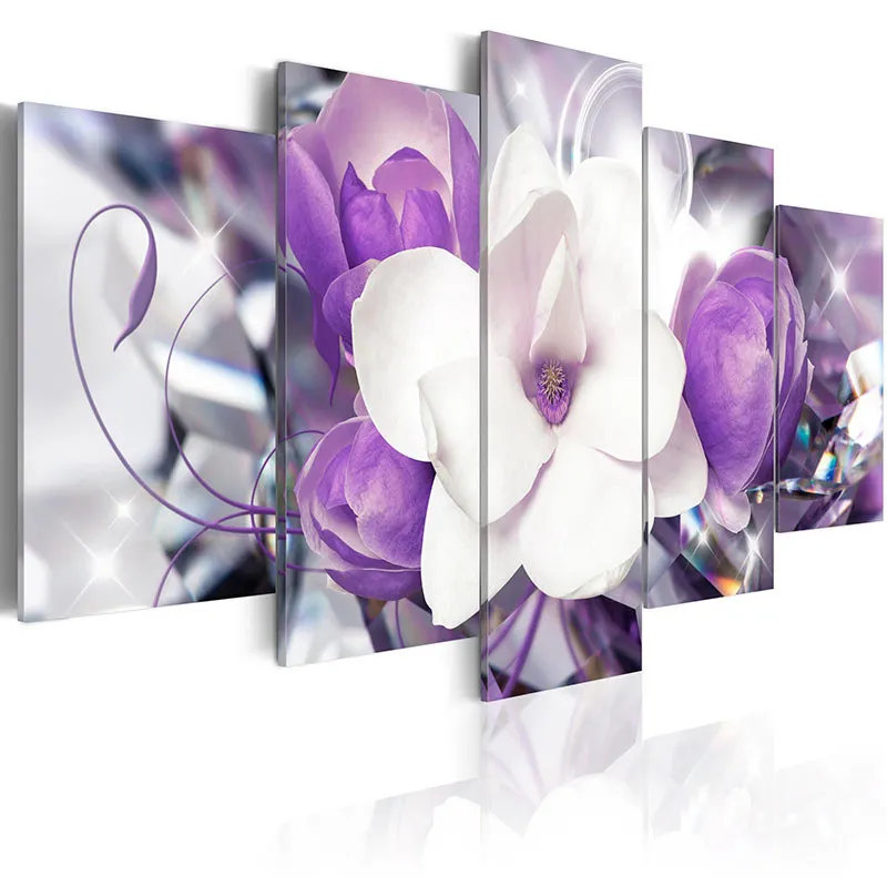 

Modern Painting Canvas 5 Panels Beautiful Elegant White Flower Wall Art Picture Home Decor Pictures for Living Room