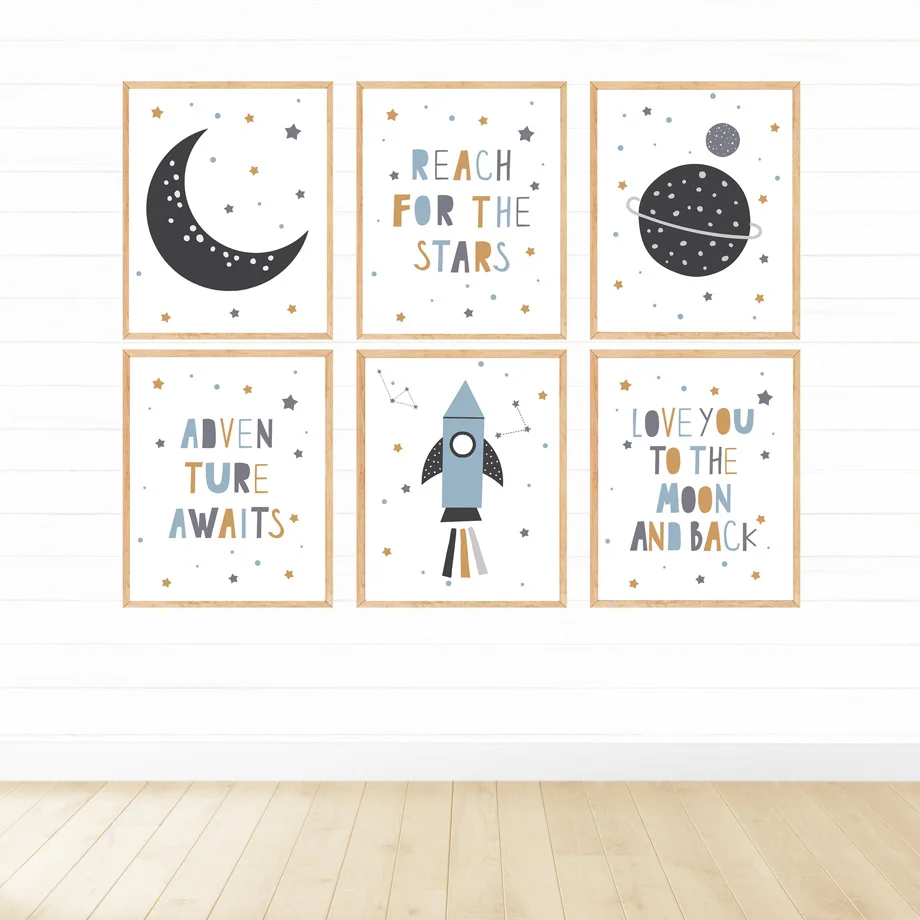 

Cartoon Space Moon Planet Quotes Nursery Wall Art Canvas Painting Nordic Posters And Prints Home Decor Pictures Baby Kids Room