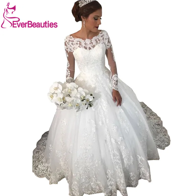 

Свадебное платье с длинным рукавом, свадебное платье из тюля с аппликацией, мусульманское платье невесты, роскошное свадебное платье, Vestido De...