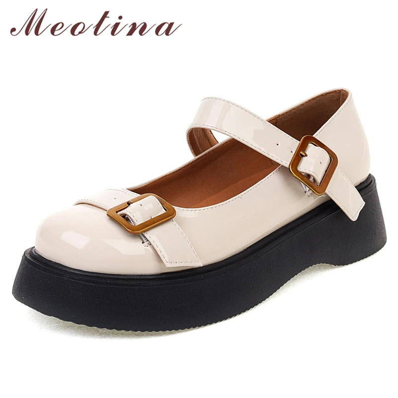 

Meotina Women Platform Thick Heels Causal Pumps Fashion Round Toe Buckle Med Heel Ladies Footwear Spring Mary Janes Shoes Beige