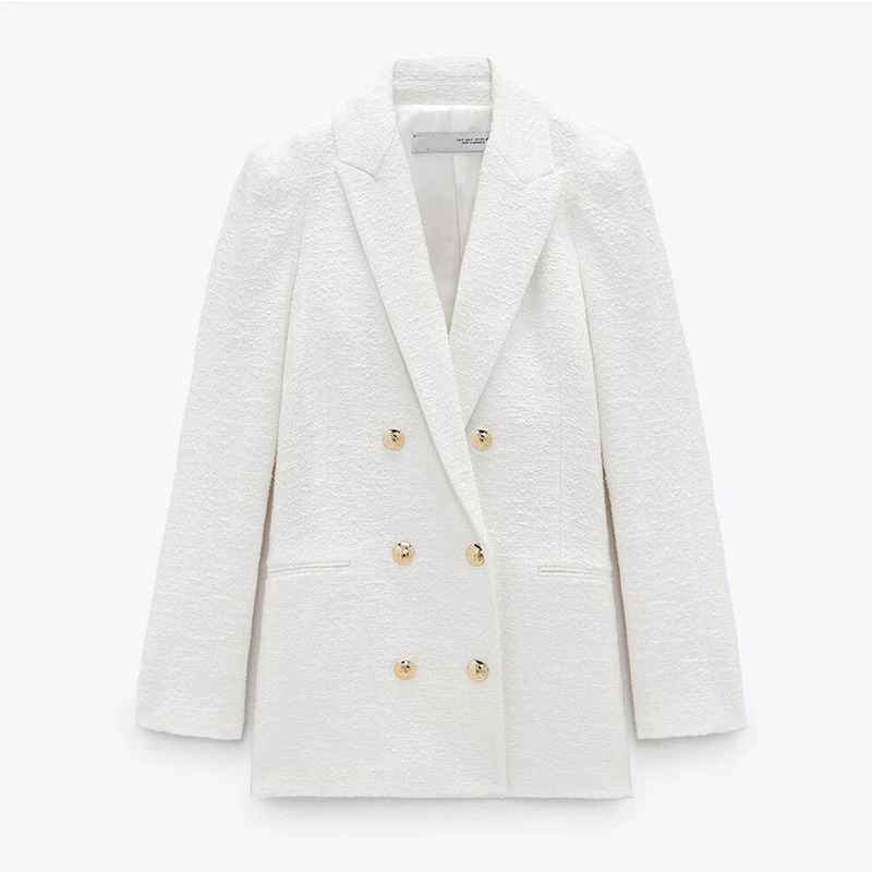 

Women Spring Autumn Tweed Blazer Solid Double Breasted Notched Collar Office Lady Long Blazers White Pink Suit Coat for Female