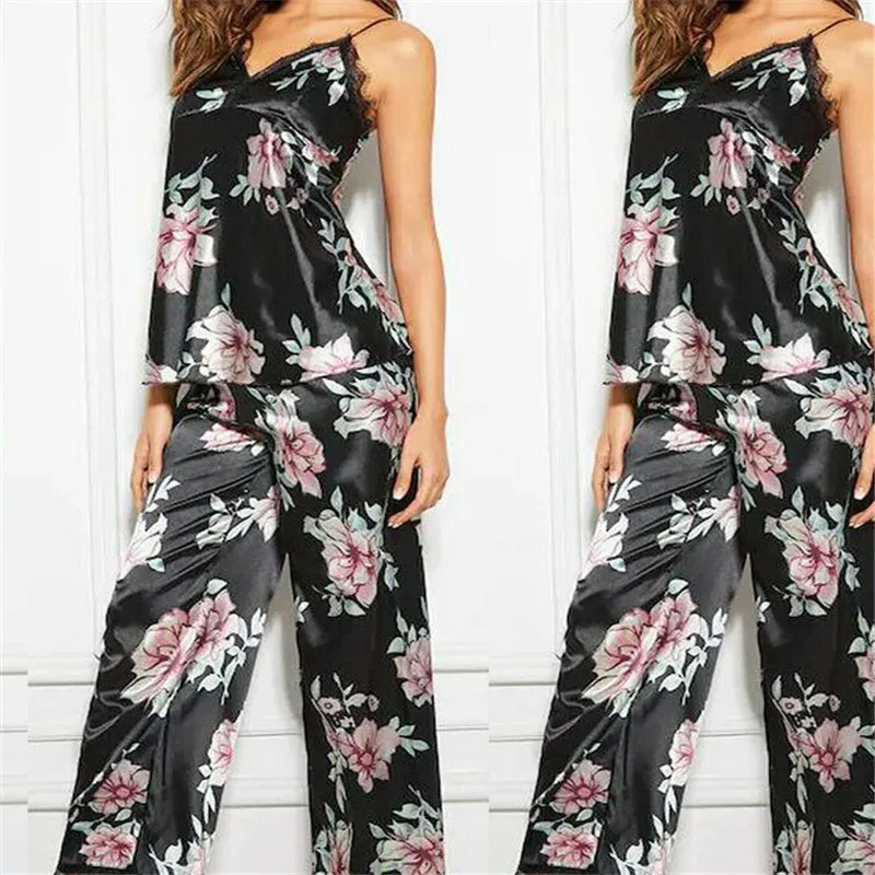 Новинка женская одежда для сна с цветочным принтом кружевной отделкой атласные