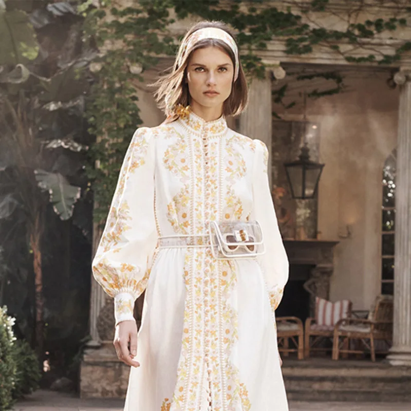 Высокое качество женские макси длинное платье Boho Роскошные пуговицы льняные платья для вечеринок осень женственный стоячий воротник Тонкий Vestidos