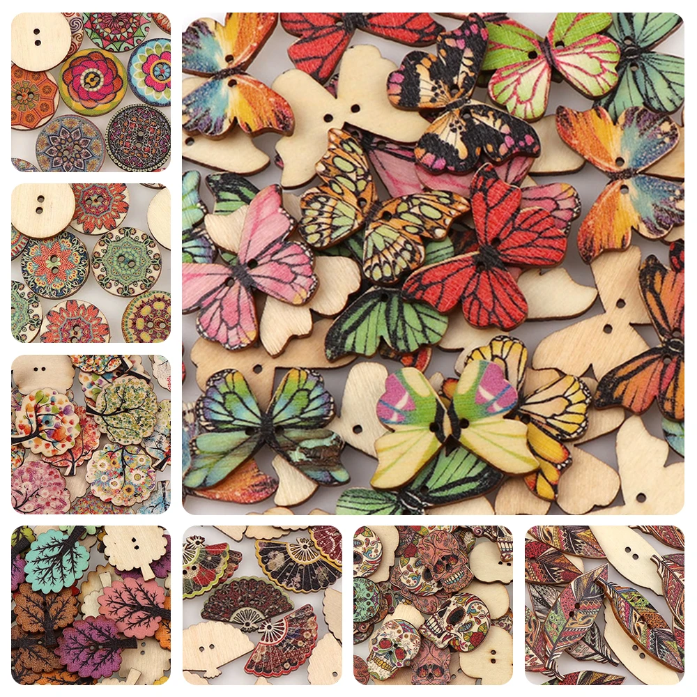 

50Pcs/Lot Vintage Painting Series Wooden Buttons 2 Holes For DIY Crafts Scrapbooking Clothing Decoration Sewing Accessories