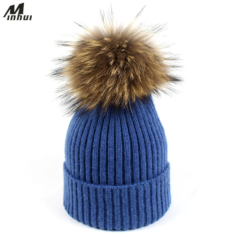 Minhui из натурального меха Шапки вязаные шапки Для женщин зимние шерстяные бини