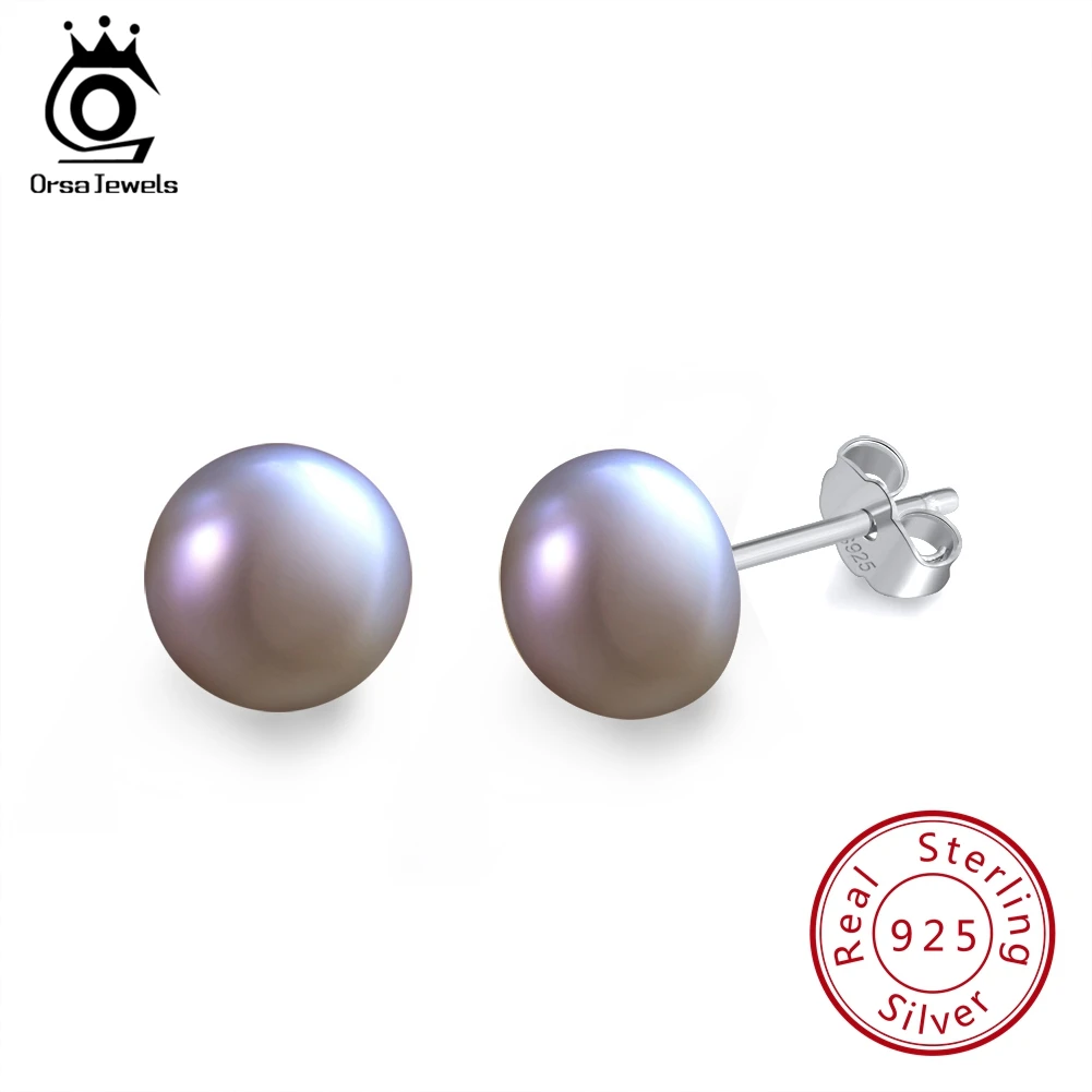 Silver- Purple Pearl ORSA JEWELS, женские серьги-гвоздики с натуральным пресноводным жемчугом, 8 мм, белый, розовый жемчуг, 925 пробы, серебро, Женские Ювелирные изделия для вечеринки RSE86 - Цвет камня: Silver- Purple Pearl