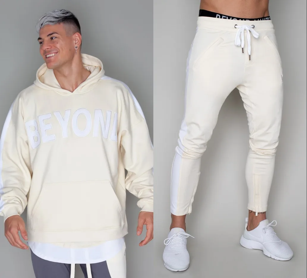 creamy-white Весенняя Мужская спортивная одежда, спортивный костюм, куртка на молнии с капюшоном, толстовка+ штаны для бега, для бега, для досуга, тренировок, комплект одежды, спортивный костюм - Цвет: creamy-white