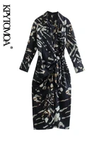 kpytomoa women 2021 fashion with tied printed pleated wrap midi dress vintage long sleeve pocket female dresses vestidos