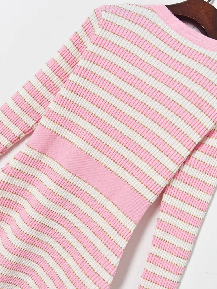 

Luxury Brand Designer Knitted Dress for Women Vintage O Neck Black White Contrast Color Gold Thread Stripe Knitted Dress