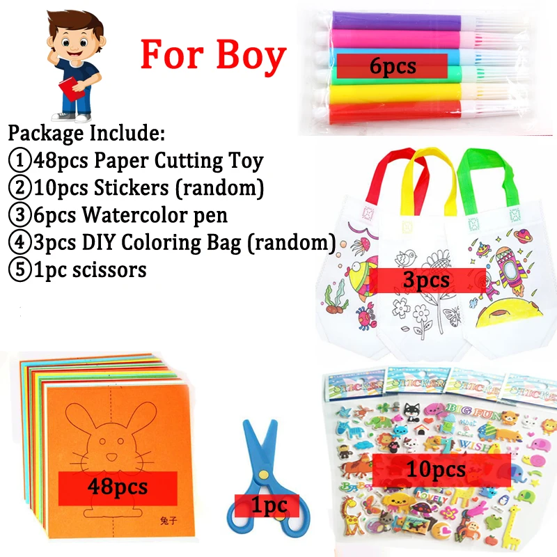 boy3bag6pen48JZ10TZ 68 шт., Детская сумка с граффити, Мультяшные наклейки, цветная бумага, складные и режущие игрушки для рисования, Детские художественные ремесла, развивающий подарок ZXH - Цвет: boy3bag6pen48JZ10TZ
