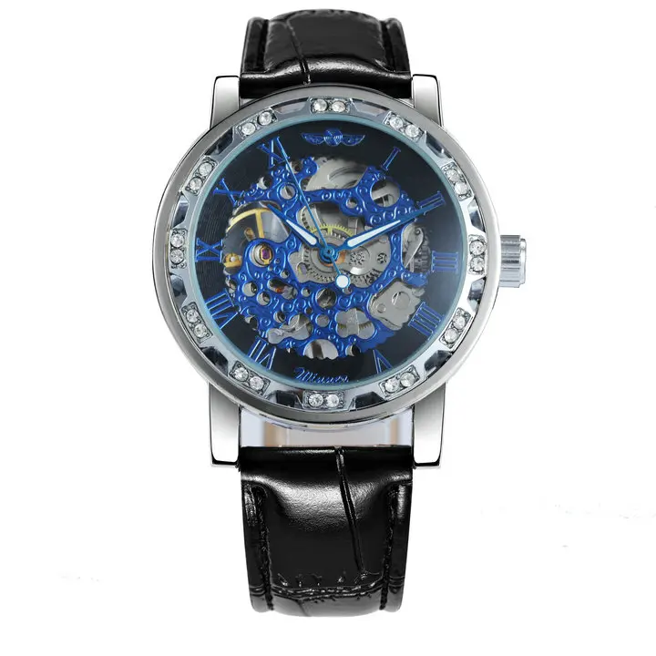 SILVER BLACK BLUE WINNER официальный бренд роскошные часы мужские Скелет механические часы Кристалл Iced Out Кожаный ремешок наручные часы подарок для влюбленных - Цвет: SILVER BLACK BLUE