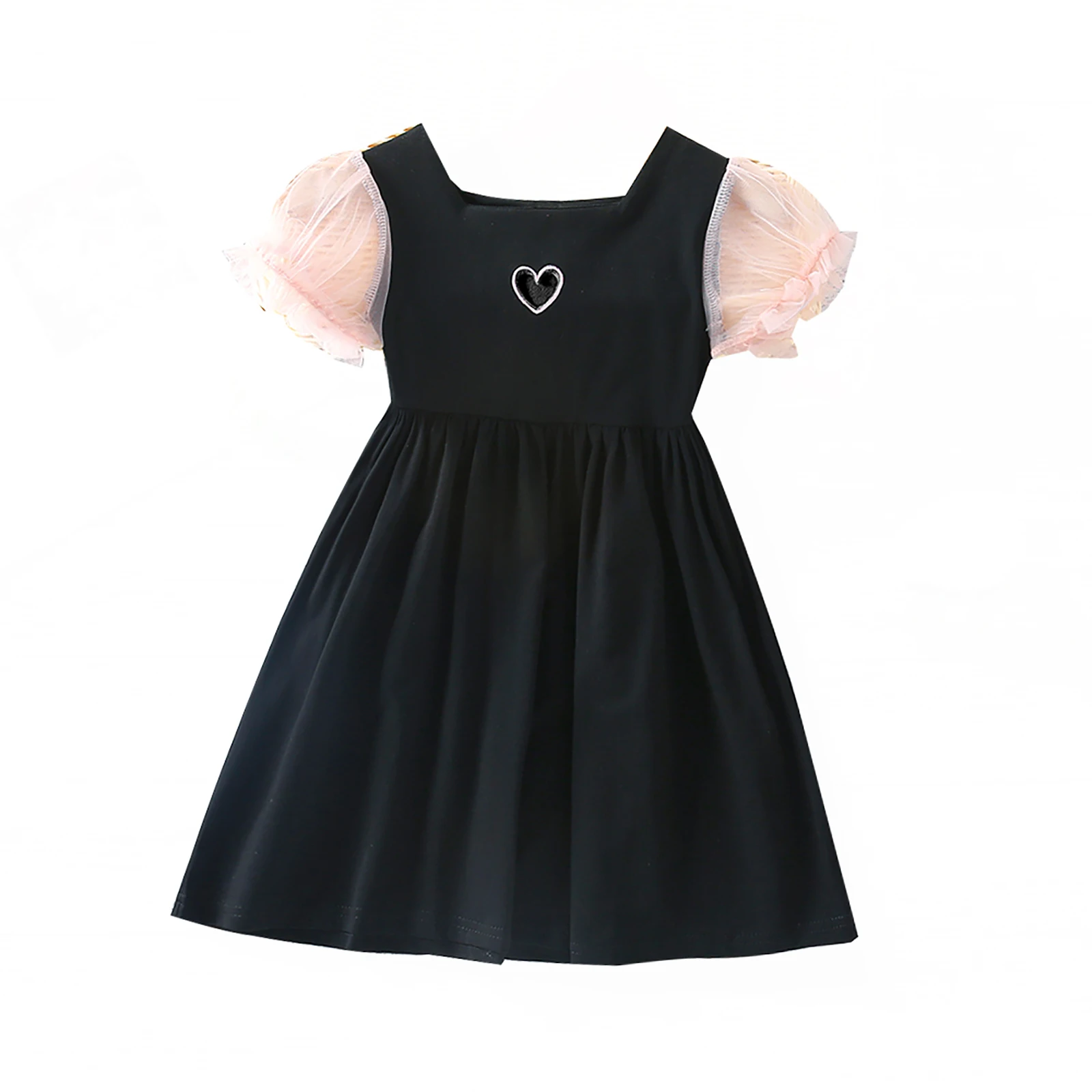 

Girl\u2019s Sweet Puff Sleeve Mid-length Dress Fashion Hollow Heart Square Collar Princess Dress