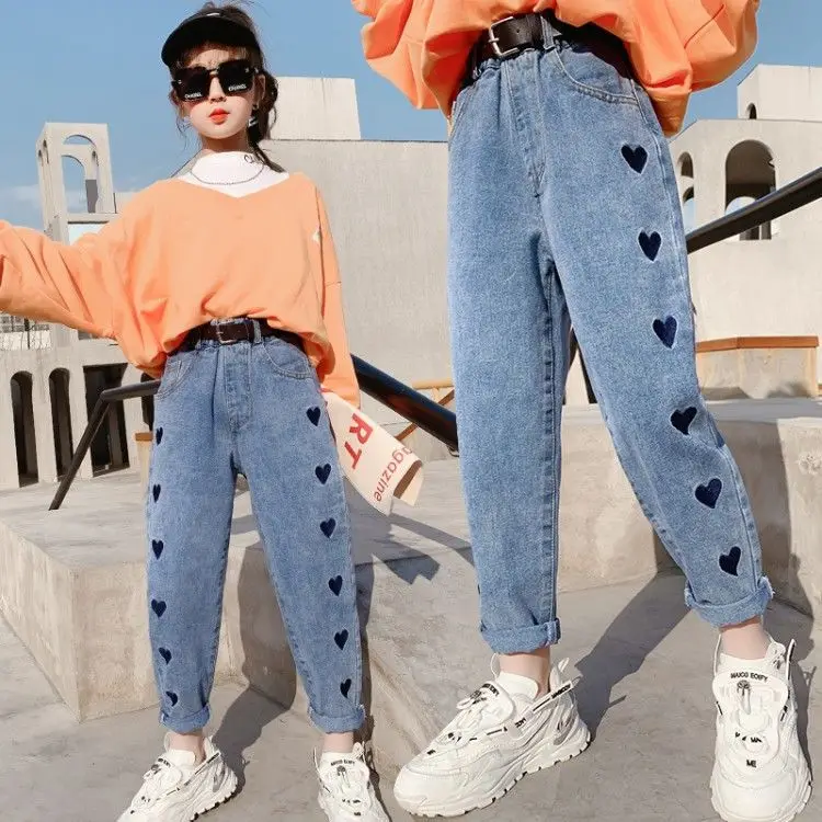 

2021 Spring Autumn Girls' Jeans New Fashion Baby Pants Children's Kids Denim Trousers Little Girl High Waist Casual Pants D604