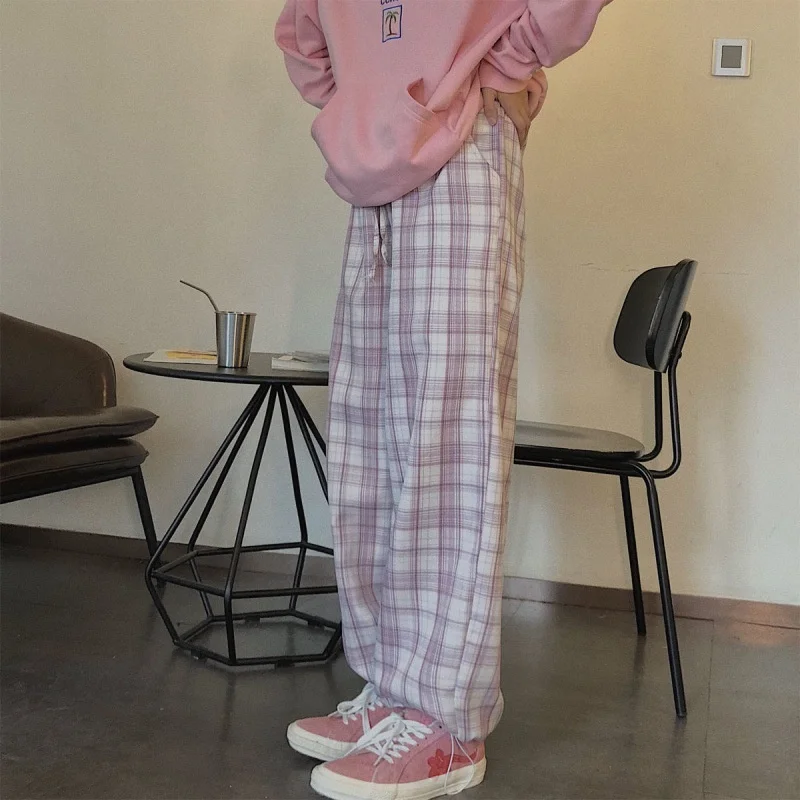 

Vintage Pink Plaid Pants Elastic Waist Plus Size Clothing for Women Casual Loose Wide Leg Pants Pockets Harajuku Korean Clothes