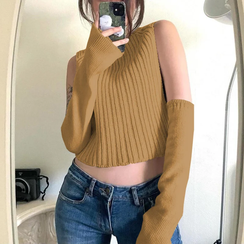 

Turtleneck Knitted Vest Long Sleeve Solid Color Sleeve Sweater Retro Short Top Fall Winter Women's Clothing Aesthetic Sweater