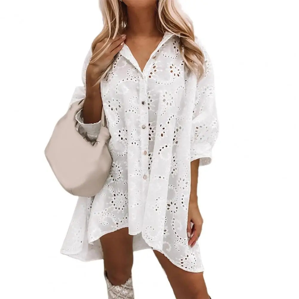 

Women Shirt Dress 2021 Hollow Out Single-breasted Women Solid Color 3/4 Sleeve Dress for Daily Wear