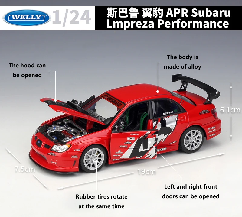 Весовая модель автомобиля Welly Diecast 1:24 SUBARU IMPREZA WRX STI APR игрушечный автомобиль из