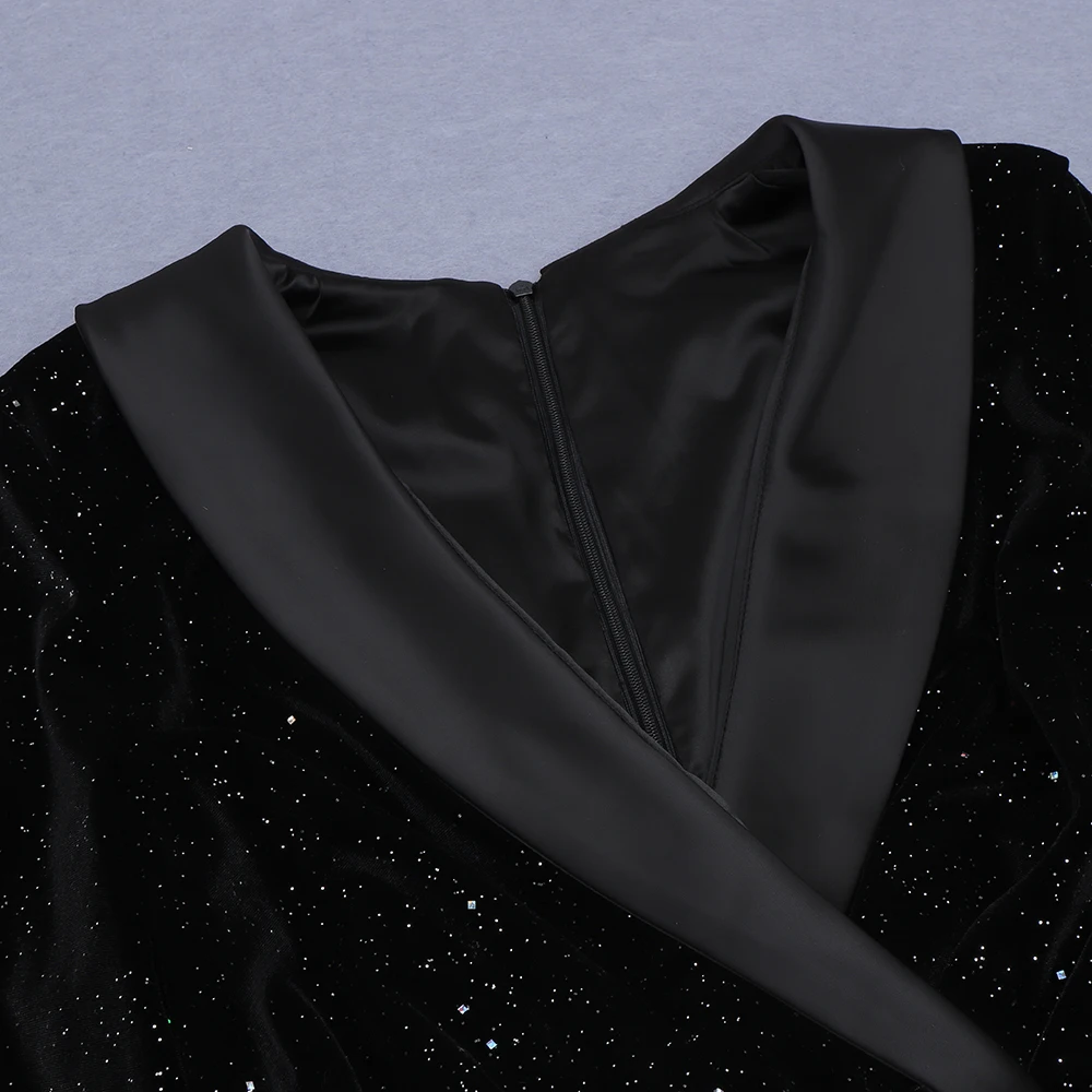 

Free Shipping 2021 Women's Dress Black Flannel Long Sleeve V-Neck Sexy Celebrity Cocktail Party Evening Dress