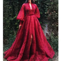 burgundy high slit flowers fashion evening dresses prom with belt puff sleeves pleat vestidos de fiesta robe de soiree plus size