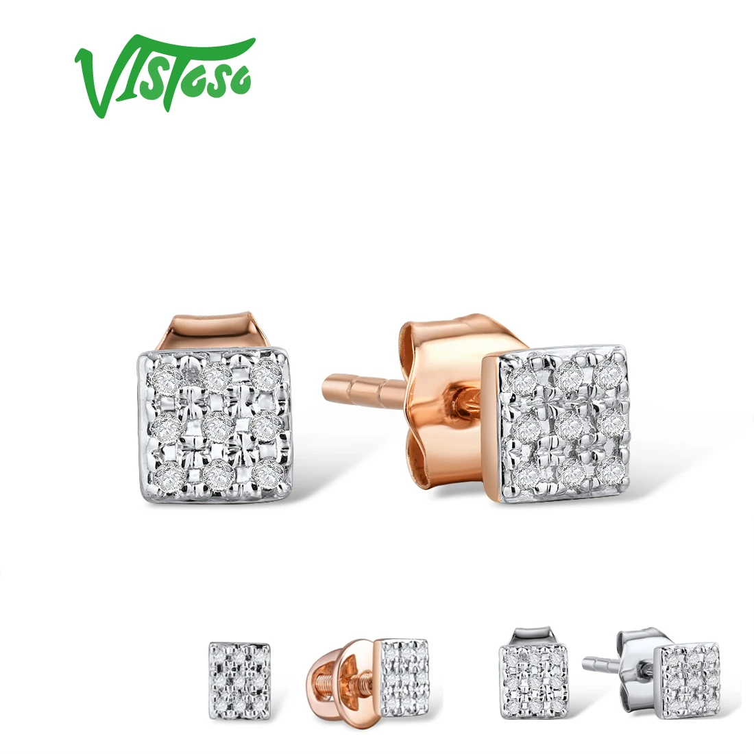 Серьги VISTOSO, золотые, для женщин, 14 K, 585, розовое золото, сверкающие бриллианты, изящные круглые серьги-гвоздики, модные ювелирные изделия