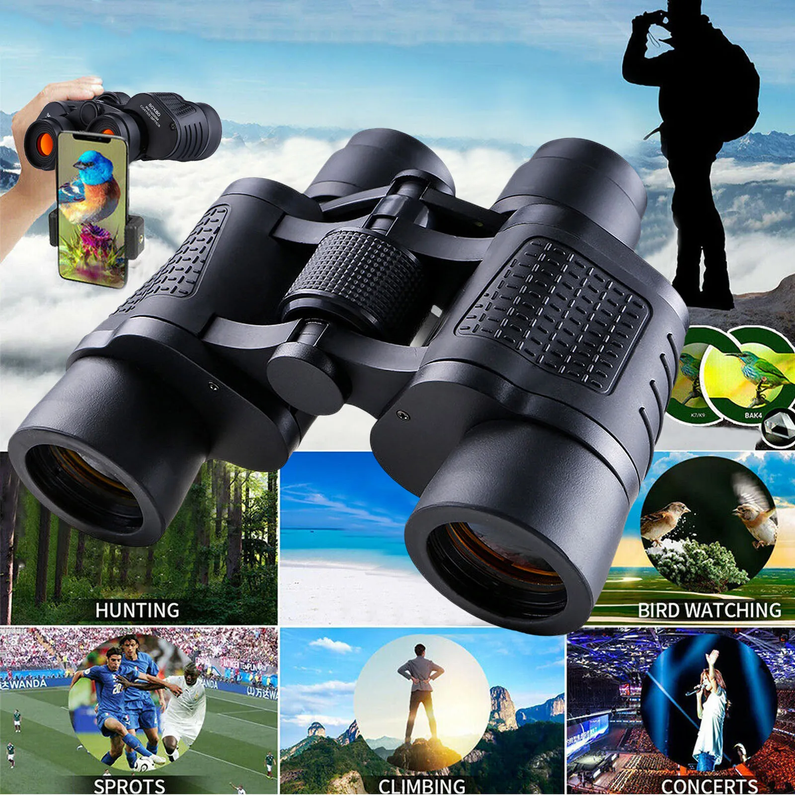 

8080 Large Stage Performance Zoom Binoculars Day/Night Vision Travel Outdoor HD Hunting Telescope +Bag Black Plastic Teleskoop