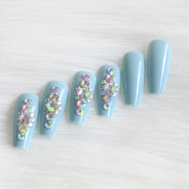 24 шт. новейшие Яркие длинные накладные ногти ручной работы с кристаллами