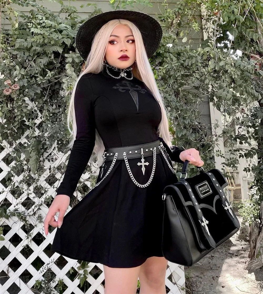 

Женское платье с высокой талией, готическое Повседневное платье с воротником-стойкой и длинным рукавом, Осень-зима 2021