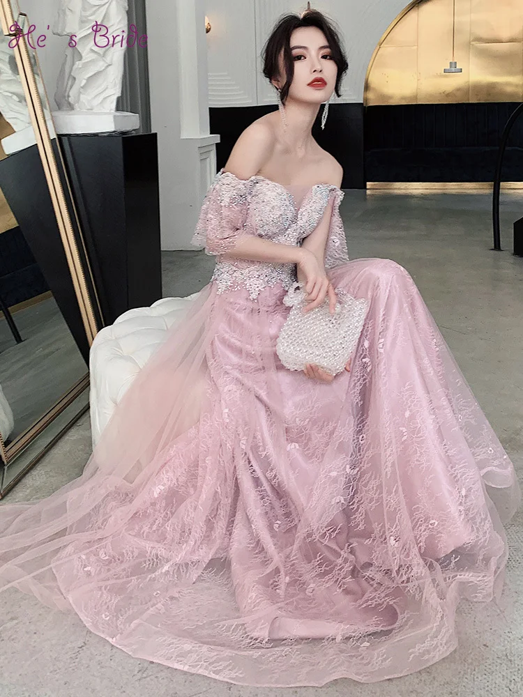 Женское длинное вечернее платье He's Bride розовое для выпускного вечера