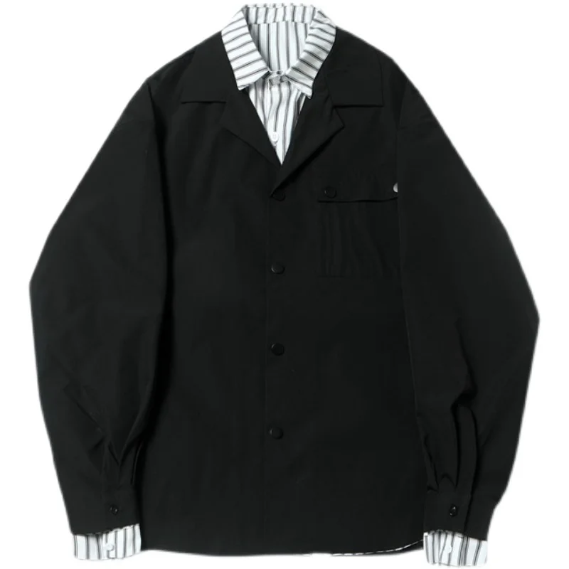 

Korean Japan Fashion Streetwear Hip Hop Vintage Shirt Black White Splice Tripe Long Sleeve Loose Casual Shirt for Men